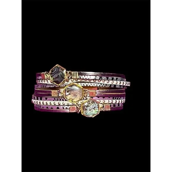 Boho Multi-Layer Leather Bracelet with Natural Stones & Gold Accents - Picture 11 of 13